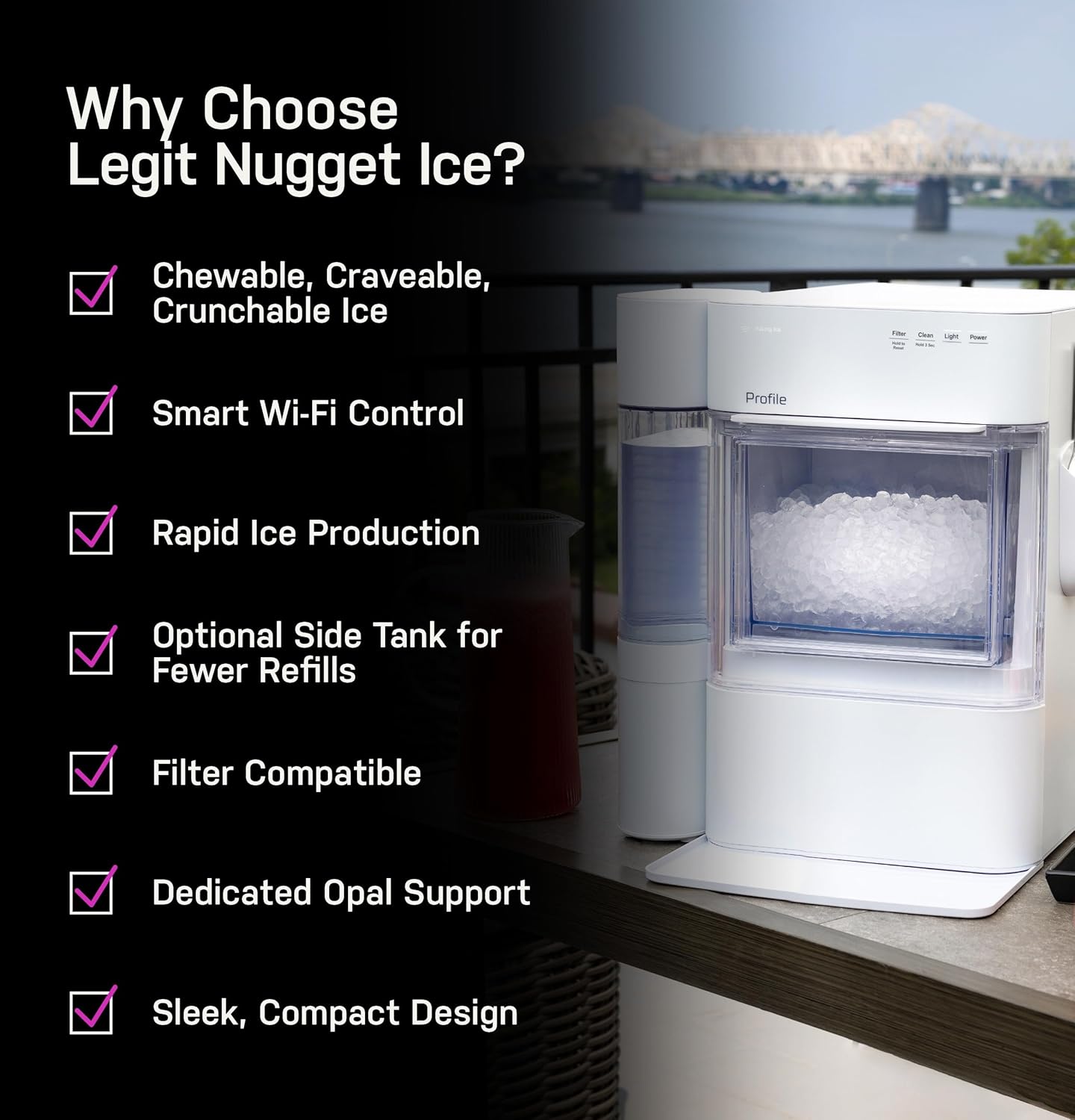 GE Profile Opal 2.0 Ultra Nugget Ice Maker with Side Tank and Scale Inhibiting Filter, Scoop Included, 38 lbs in 24 Hours, Pellet Ice Machine with WiFi & Smart Connected, Stone White