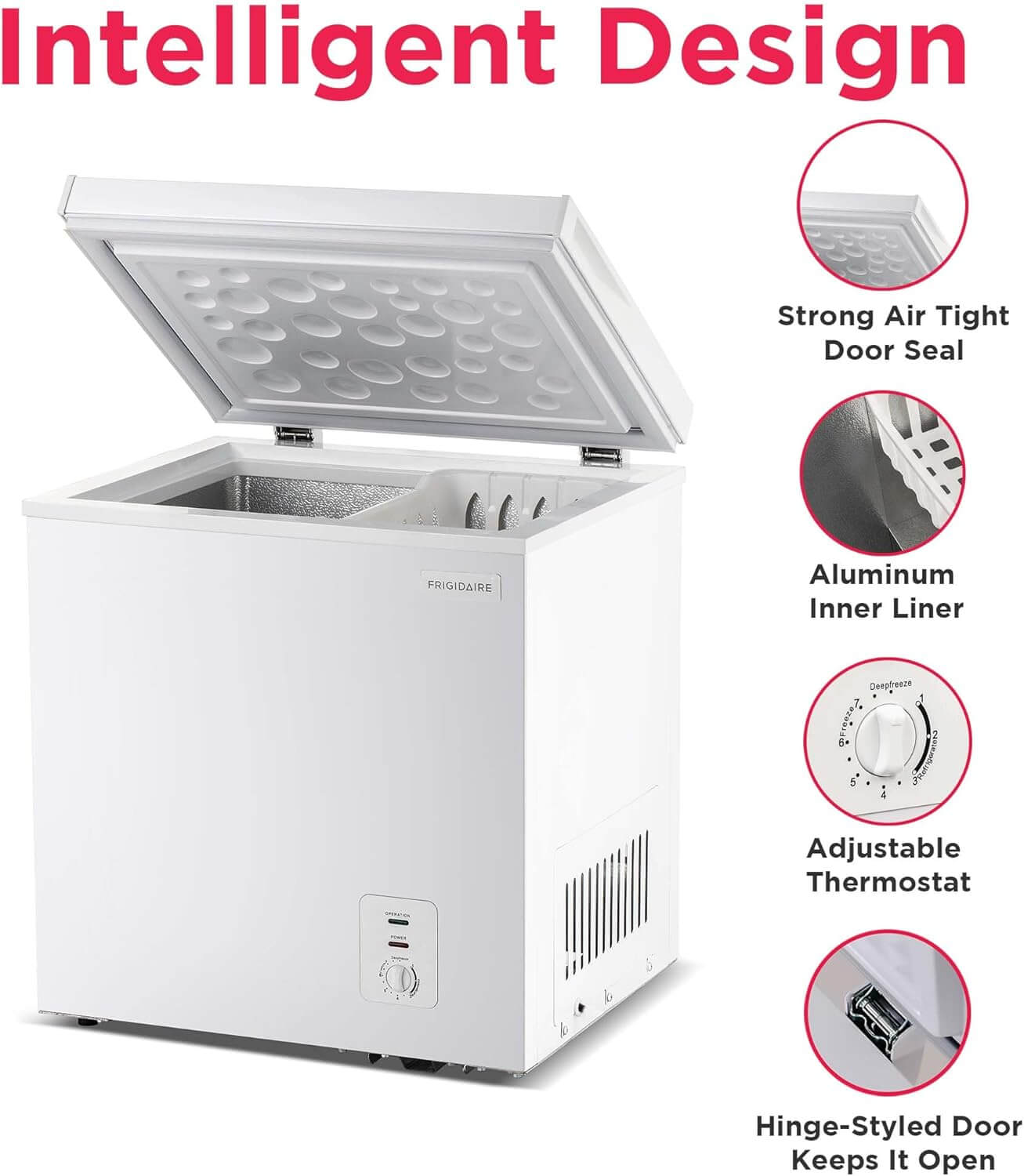 Frigidaire Chest Deep Freezer, 2.0 Cu. Ft. Capacity, Adjustable Thermostat-Removable Vinyl Coated Wire Basket-Easy Defrost Drain- Garage Ready- Pearl White