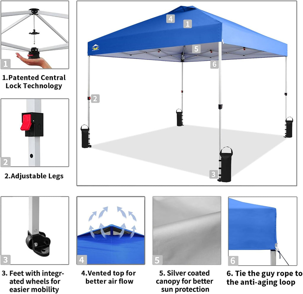 CROWN SHADES 10x10 Pop Up Canopy - Beach Tent with One Push Setup - Easy Outdoor Sun Shade for Events, Parties, Camping - Gazebo with STO-N-Go Cover Bag, Silver Coated Top, Grid White