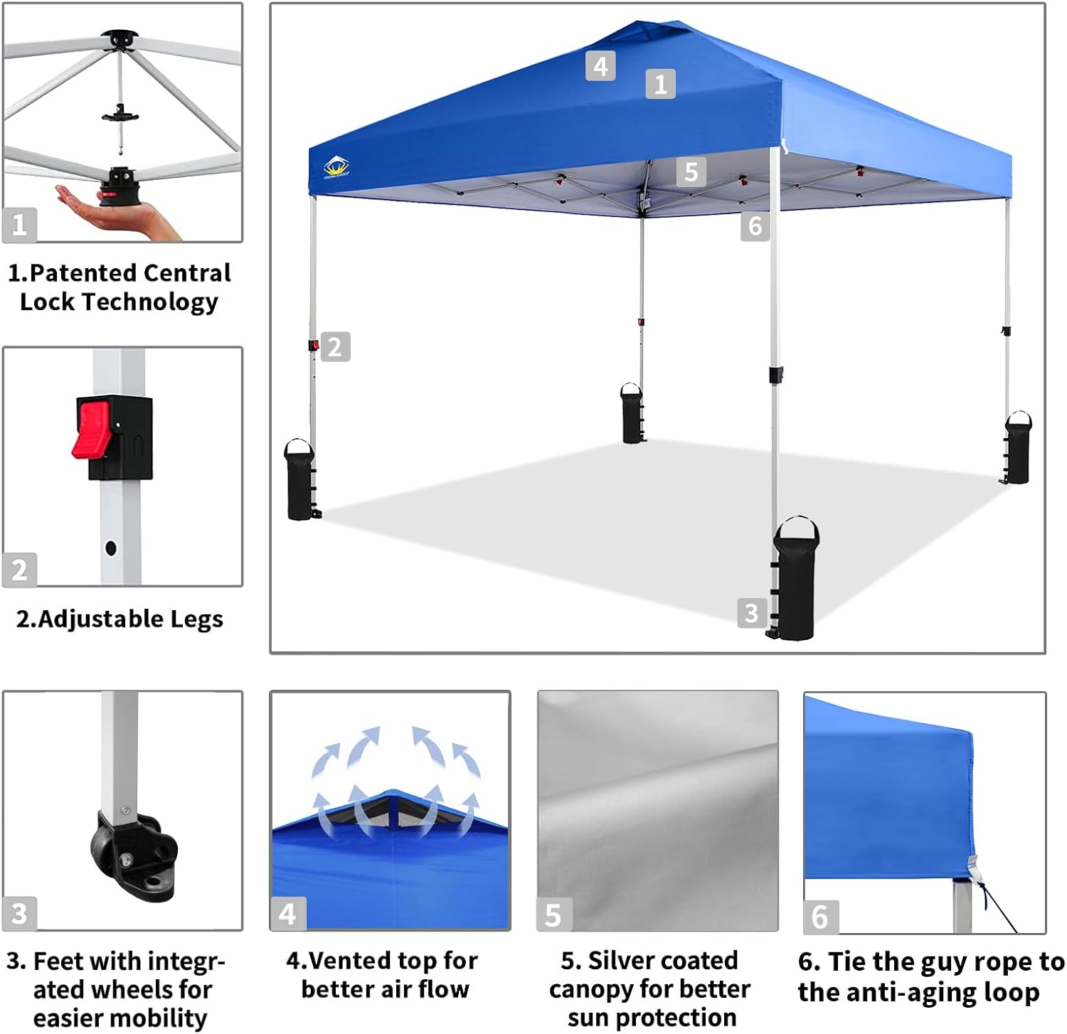 CROWN SHADES 10x10 Pop Up Canopy - Beach Tent with One Push Setup - Easy Outdoor Sun Shade for Events, Parties, Camping - Gazebo with STO-N-Go Cover Bag, Silver Coated Top, Grid White