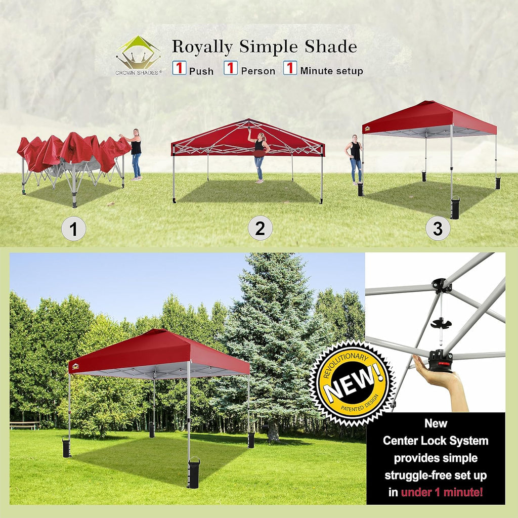 CROWN SHADES 10x10 Pop Up Canopy - Beach Tent with One Push Setup - Easy Outdoor Sun Shade for Events, Parties, Camping - Gazebo with STO-N-Go Cover Bag, Silver Coated Top, Grid White