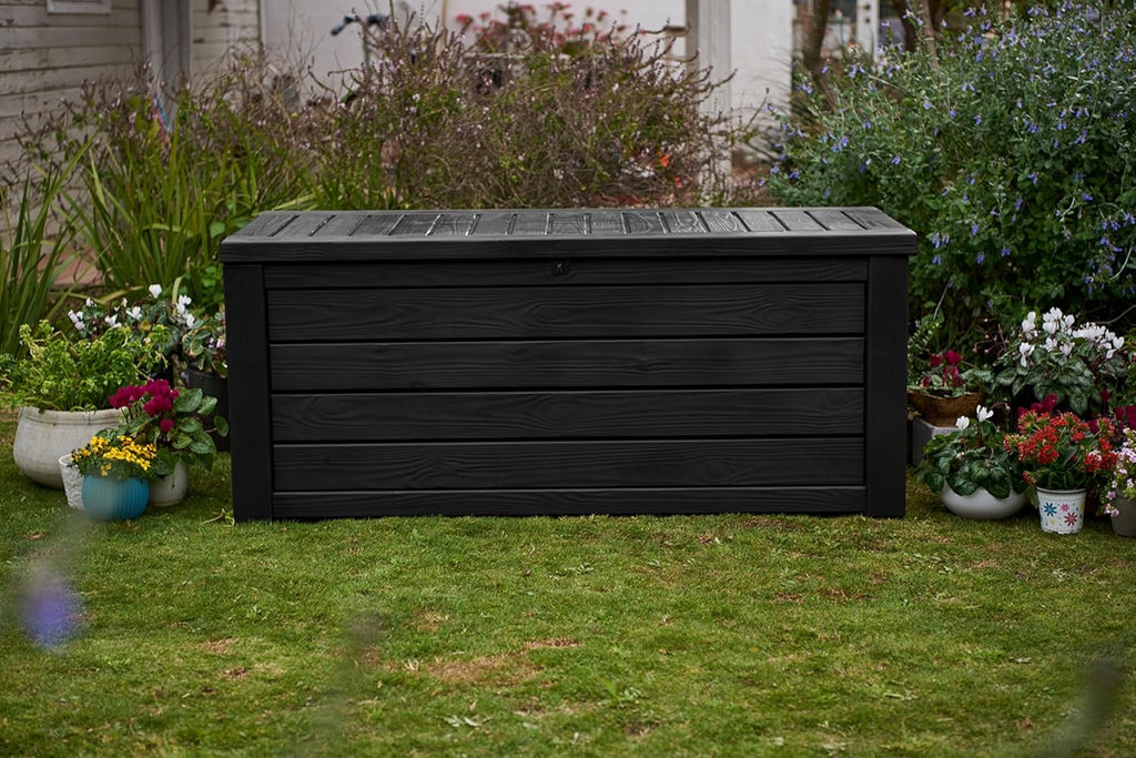 Keter Outdoor Storage Deck Box, 150 Gallon Resin Patio Bin & Bench, Wood Grain, Brown