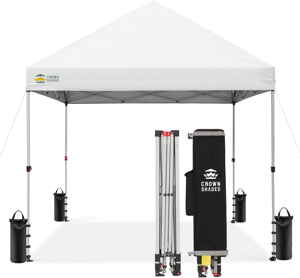 CROWN SHADES 10x10 Pop Up Canopy - Beach Tent with One Push Setup - Easy Outdoor Sun Shade for Events, Parties, Camping - Gazebo with STO-N-Go Cover Bag, Silver Coated Top, Grid White