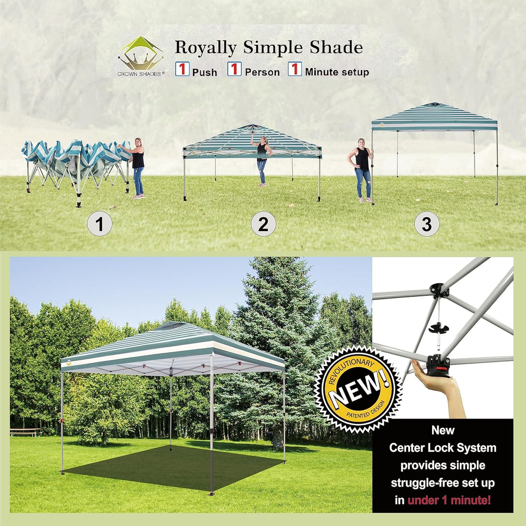 CROWN SHADES 10x10 Pop Up Canopy - Beach Tent with One Push Setup - Easy Outdoor Sun Shade for Events, Parties, Camping - Gazebo with STO-N-Go Cover Bag, Silver Coated Top, Grid White