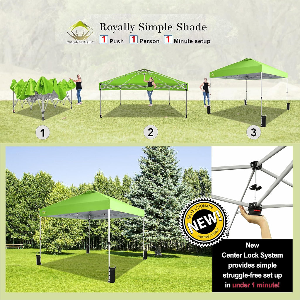 CROWN SHADES 10x10 Pop Up Canopy - Beach Tent with One Push Setup - Easy Outdoor Sun Shade for Events, Parties, Camping - Gazebo with STO-N-Go Cover Bag, Silver Coated Top, Grid White
