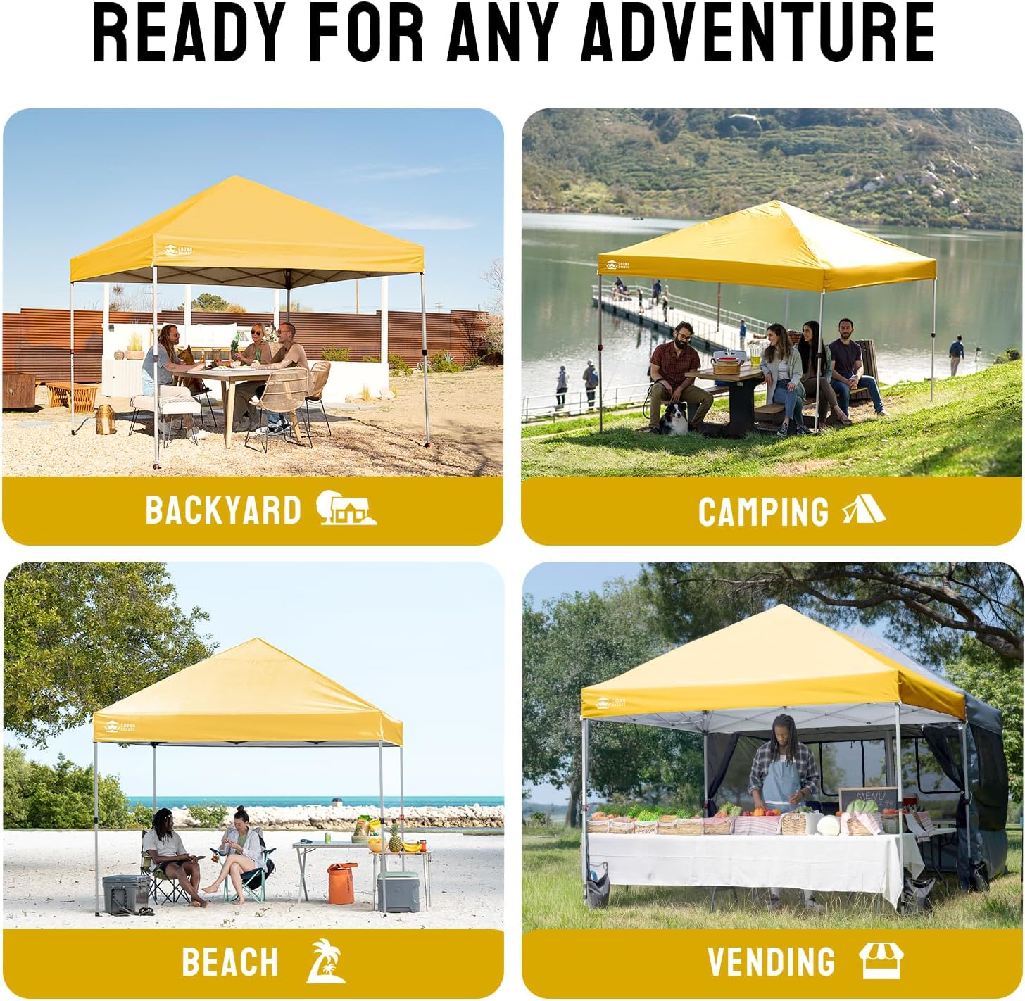 CROWN SHADES 10x10 Pop Up Canopy - Beach Tent with One Push Setup - Easy Outdoor Sun Shade for Events, Parties, Camping - Gazebo with STO-N-Go Cover Bag, Silver Coated Top, Grid White