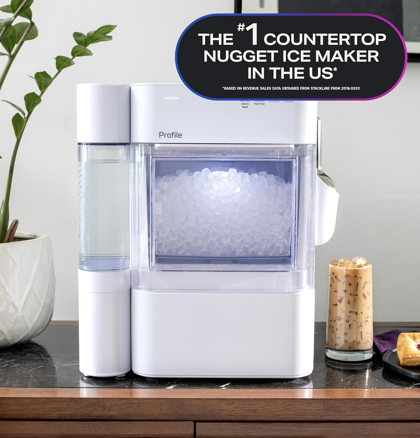 GE Profile Opal 2.0 Ultra Nugget Ice Maker with Side Tank and Scale Inhibiting Filter, Scoop Included, 38 lbs in 24 Hours, Pellet Ice Machine with WiFi & Smart Connected, Stone White
