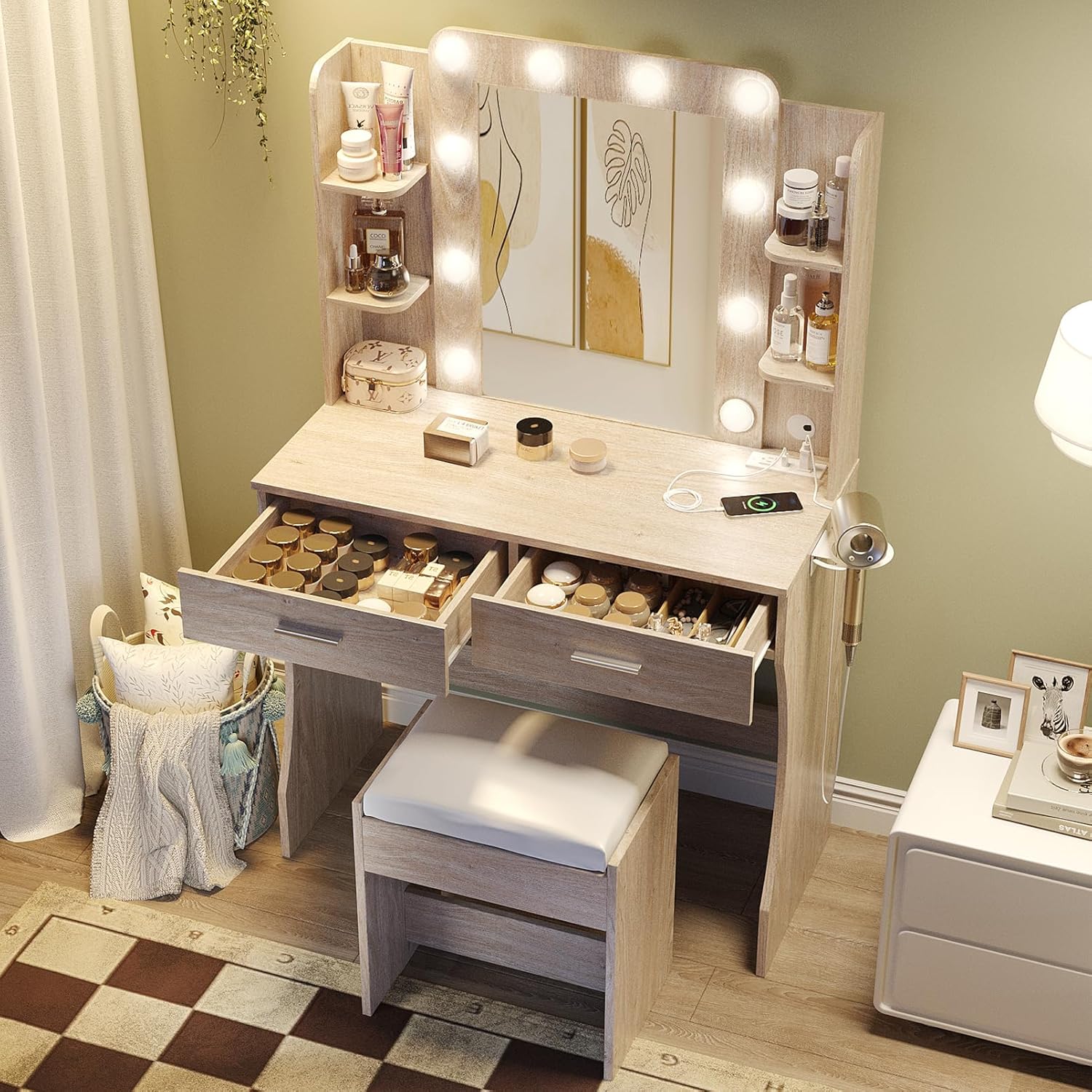 Vanity Desk with Lights,Makeup Vanity with Power Strip,Dressing Table Set with 2 Large Drawers,Vanity Mirror 3 Lighting Color Adjustable,White