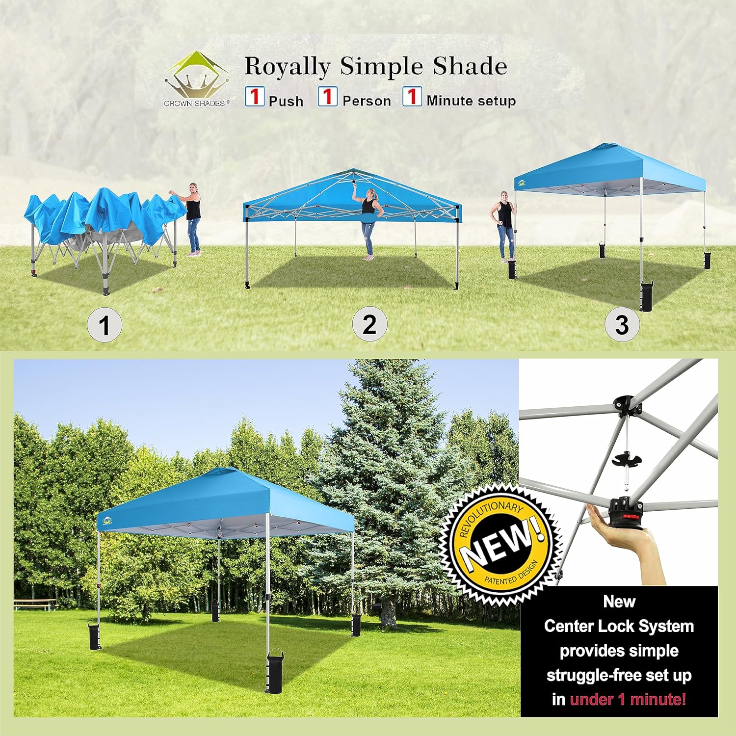 CROWN SHADES 10x10 Pop Up Canopy - Beach Tent with One Push Setup - Easy Outdoor Sun Shade for Events, Parties, Camping - Gazebo with STO-N-Go Cover Bag, Silver Coated Top, Grid White