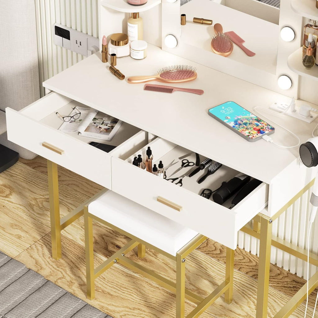 Vanity Desk with Lights,Makeup Vanity with Power Strip,Dressing Table Set with 2 Large Drawers,Vanity Mirror 3 Lighting Color Adjustable,White