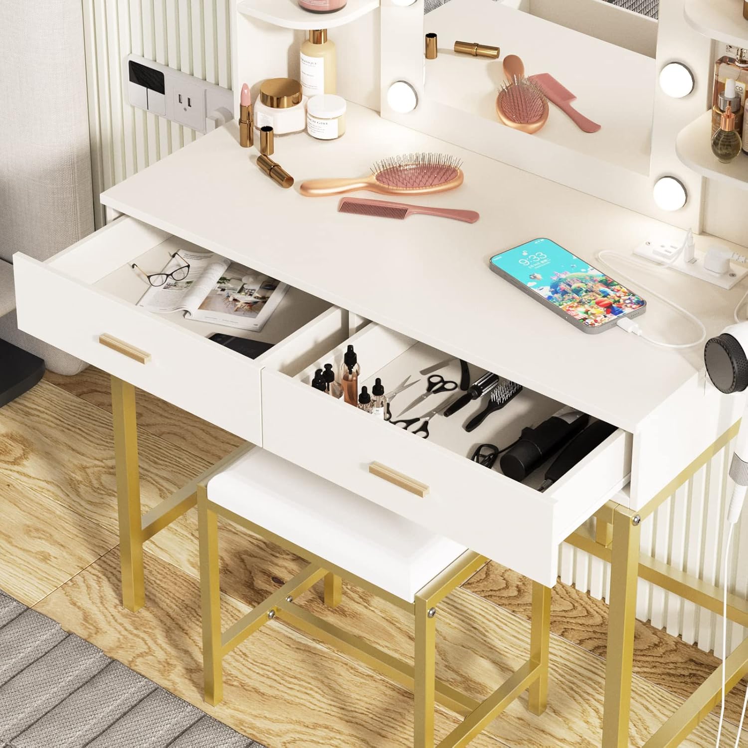 Vanity Desk with Lights,Makeup Vanity with Power Strip,Dressing Table Set with 2 Large Drawers,Vanity Mirror 3 Lighting Color Adjustable,White