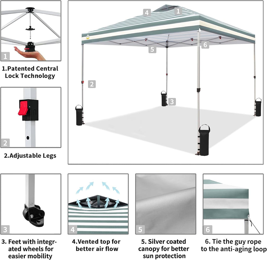 CROWN SHADES 10x10 Pop Up Canopy - Beach Tent with One Push Setup - Easy Outdoor Sun Shade for Events, Parties, Camping - Gazebo with STO-N-Go Cover Bag, Silver Coated Top, Grid White