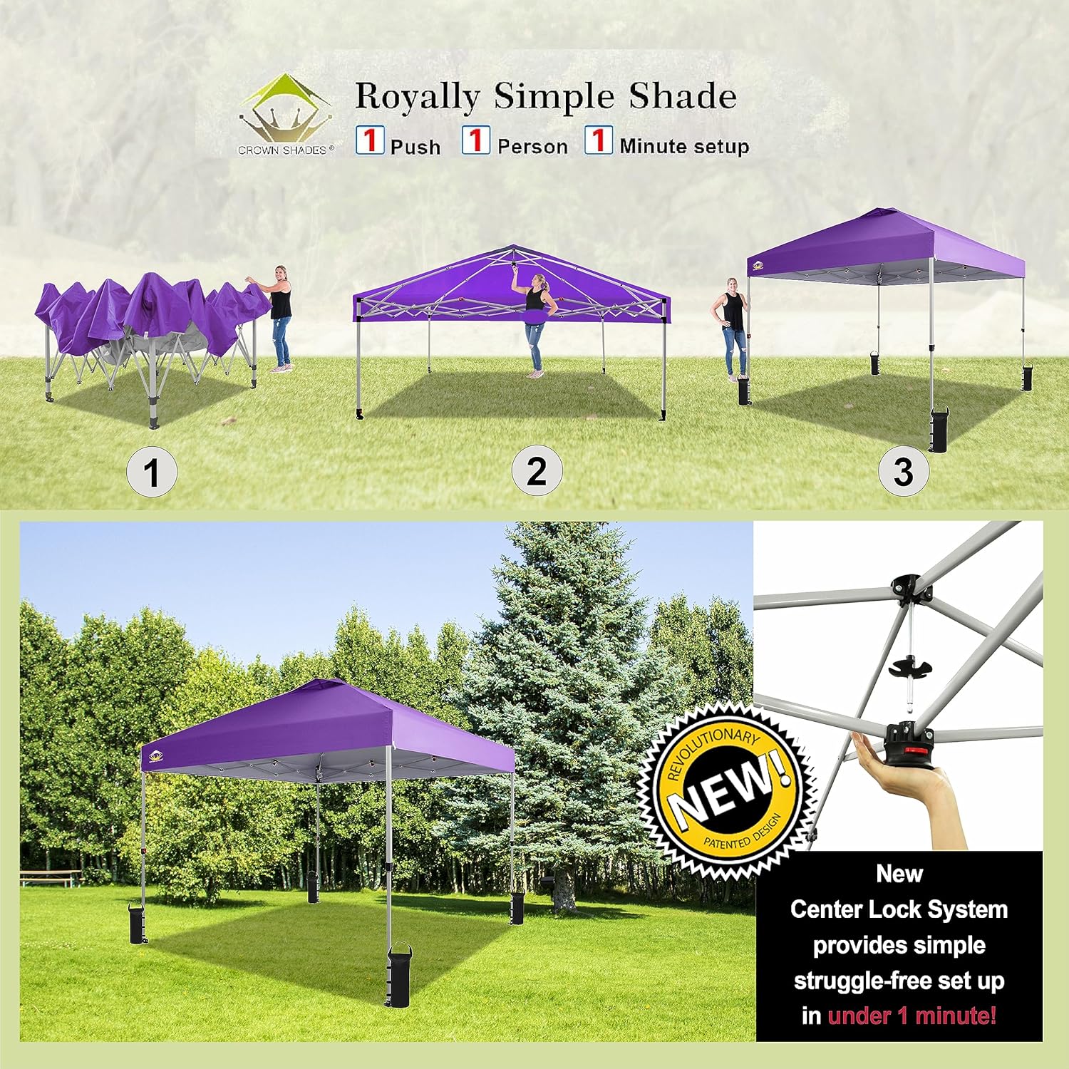 CROWN SHADES 10x10 Pop Up Canopy - Beach Tent with One Push Setup - Easy Outdoor Sun Shade for Events, Parties, Camping - Gazebo with STO-N-Go Cover Bag, Silver Coated Top, Grid White