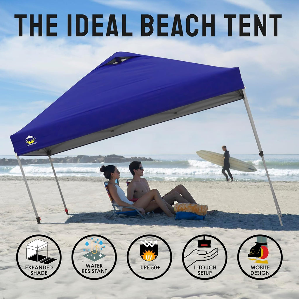 CROWN SHADES 10x10 Pop Up Canopy - Beach Tent with One Push Setup - Easy Outdoor Sun Shade for Events, Parties, Camping - Gazebo with STO-N-Go Cover Bag, Silver Coated Top, Grid White