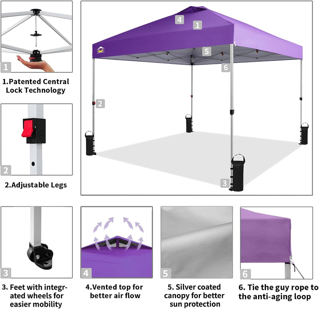 CROWN SHADES 10x10 Pop Up Canopy - Beach Tent with One Push Setup - Easy Outdoor Sun Shade for Events, Parties, Camping - Gazebo with STO-N-Go Cover Bag, Silver Coated Top, Grid White