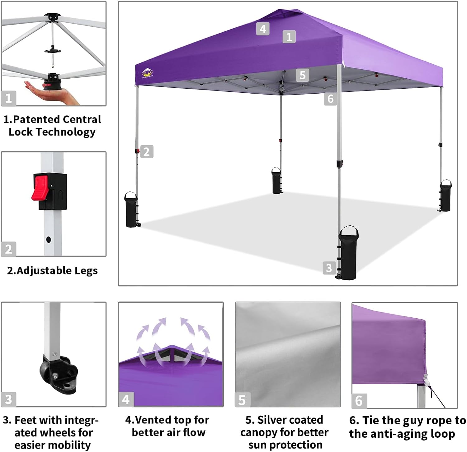 CROWN SHADES 10x10 Pop Up Canopy - Beach Tent with One Push Setup - Easy Outdoor Sun Shade for Events, Parties, Camping - Gazebo with STO-N-Go Cover Bag, Silver Coated Top, Grid White