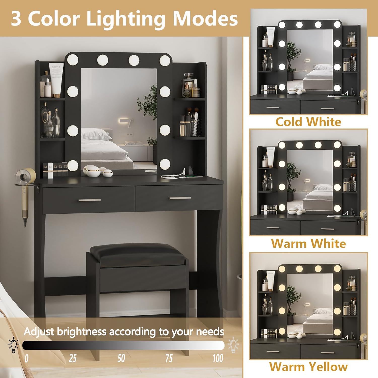 Vanity Desk with Lights,Makeup Vanity with Power Strip,Dressing Table Set with 2 Large Drawers,Vanity Mirror 3 Lighting Color Adjustable,White