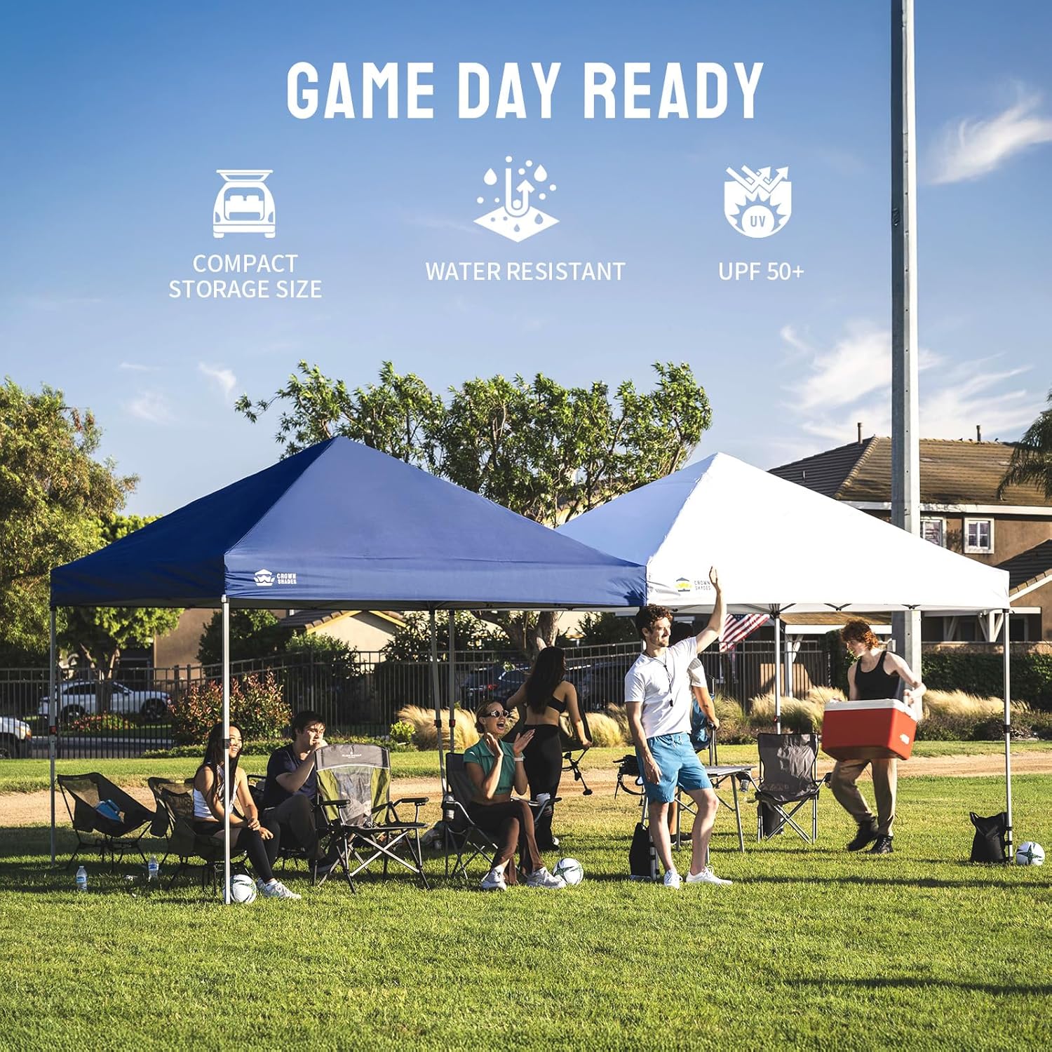 CROWN SHADES 10x10 Pop Up Canopy - Beach Tent with One Push Setup - Easy Outdoor Sun Shade for Events, Parties, Camping - Gazebo with STO-N-Go Cover Bag, Silver Coated Top, Grid White