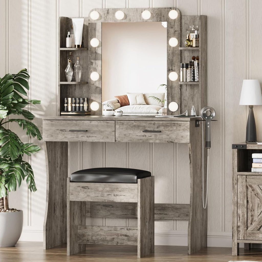 Vanity Desk with Lights,Makeup Vanity with Power Strip,Dressing Table Set with 2 Large Drawers,Vanity Mirror 3 Lighting Color Adjustable,White