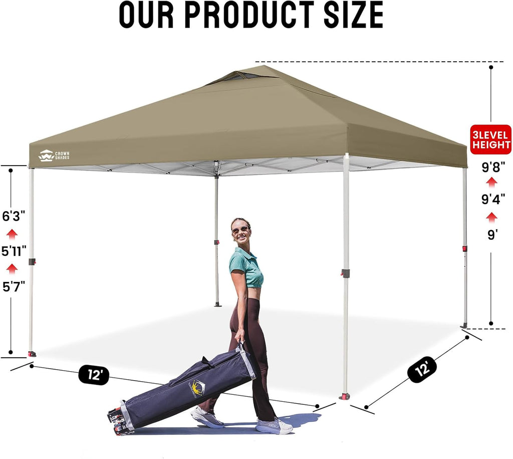 CROWN SHADES 10x10 Pop Up Canopy - Beach Tent with One Push Setup - Easy Outdoor Sun Shade for Events, Parties, Camping - Gazebo with STO-N-Go Cover Bag, Silver Coated Top, Grid White