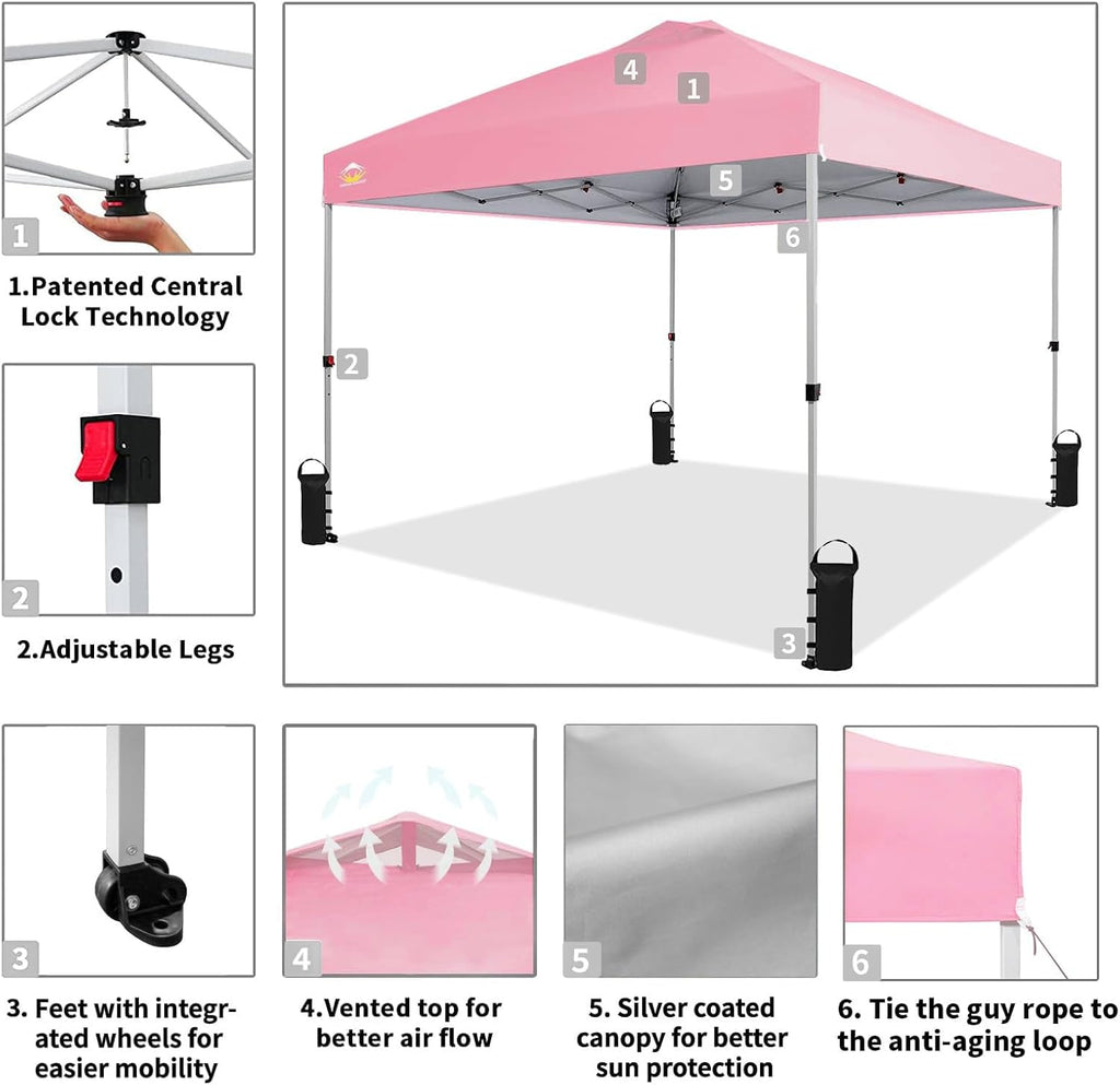 CROWN SHADES 10x10 Pop Up Canopy - Beach Tent with One Push Setup - Easy Outdoor Sun Shade for Events, Parties, Camping - Gazebo with STO-N-Go Cover Bag, Silver Coated Top, Grid White