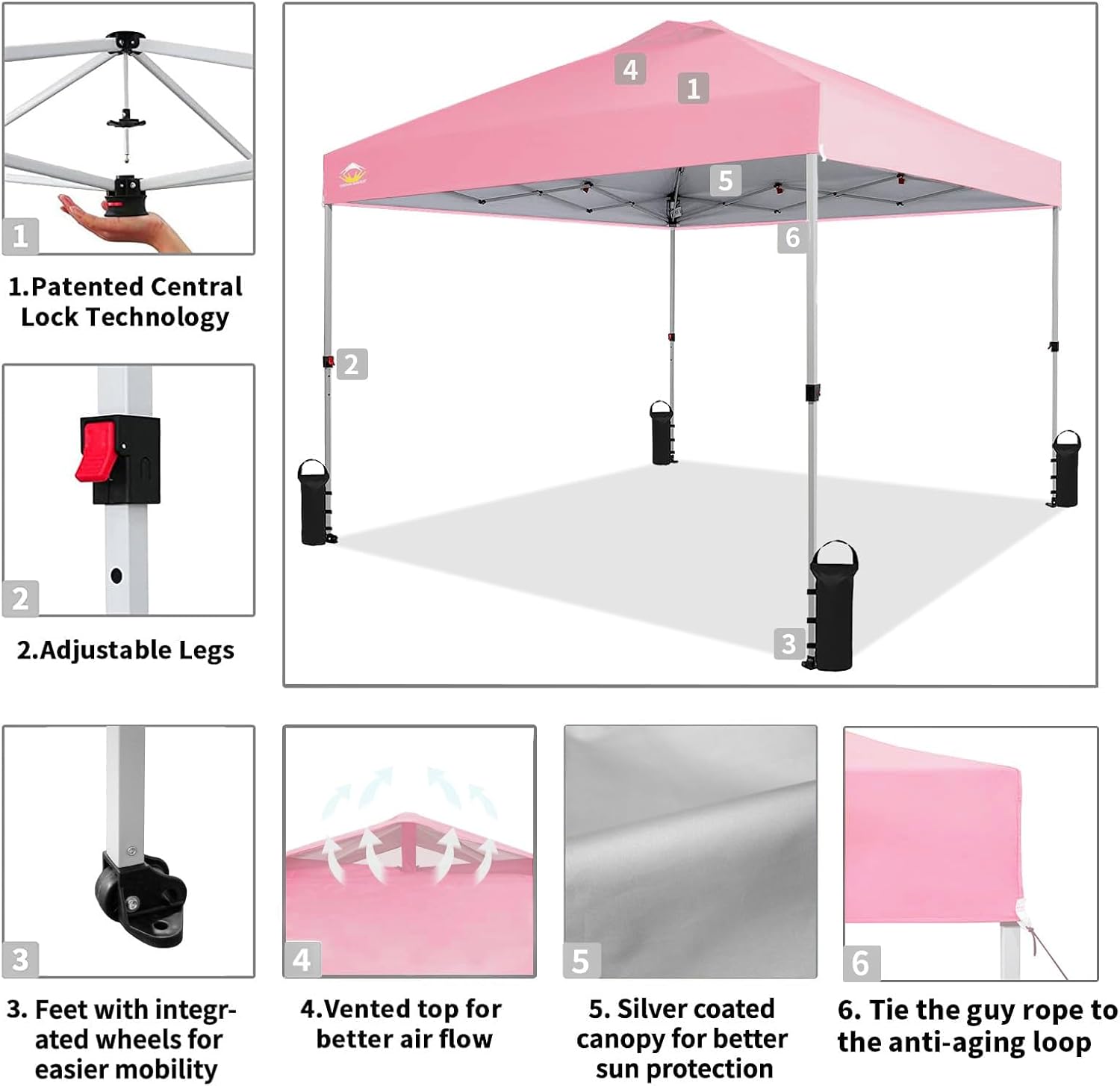 CROWN SHADES 10x10 Pop Up Canopy - Beach Tent with One Push Setup - Easy Outdoor Sun Shade for Events, Parties, Camping - Gazebo with STO-N-Go Cover Bag, Silver Coated Top, Grid White