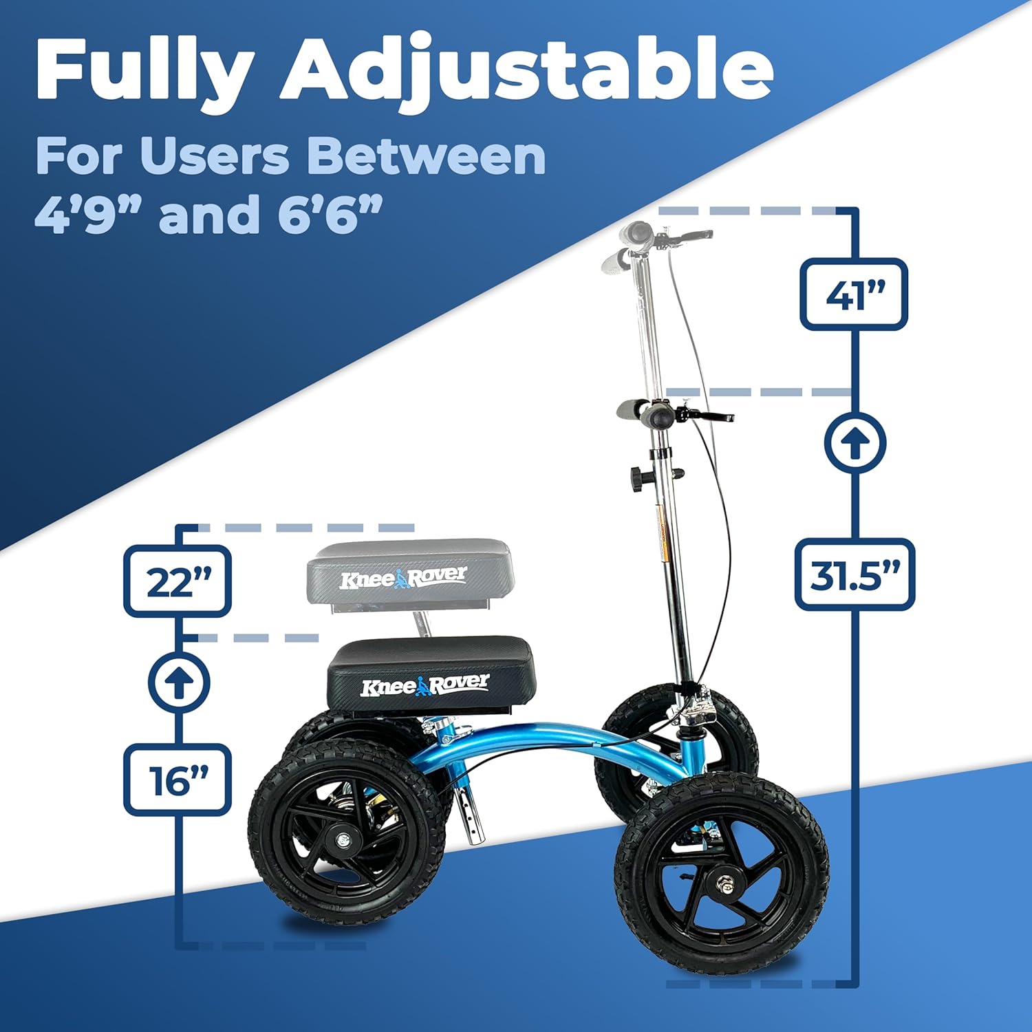 KneeRover Quad All Terrain Knee Scooter for Adults for Foot Surgery Heavy Duty Knee Walker for Broken Ankle Foot Injuries Recovery - Leg Scooter Best Knee Crutch Alternative (Metallic Blue)