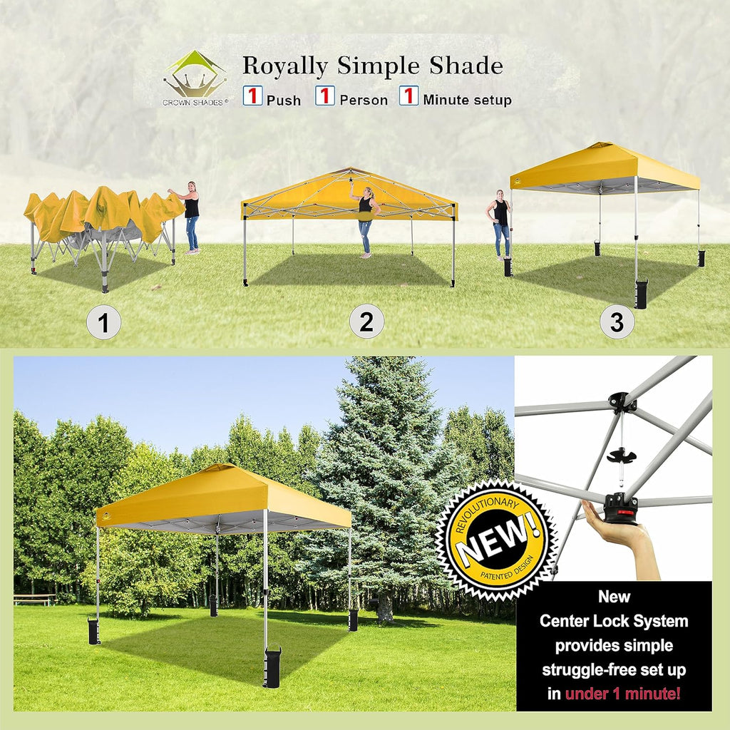 CROWN SHADES 10x10 Pop Up Canopy - Beach Tent with One Push Setup - Easy Outdoor Sun Shade for Events, Parties, Camping - Gazebo with STO-N-Go Cover Bag, Silver Coated Top, Grid White