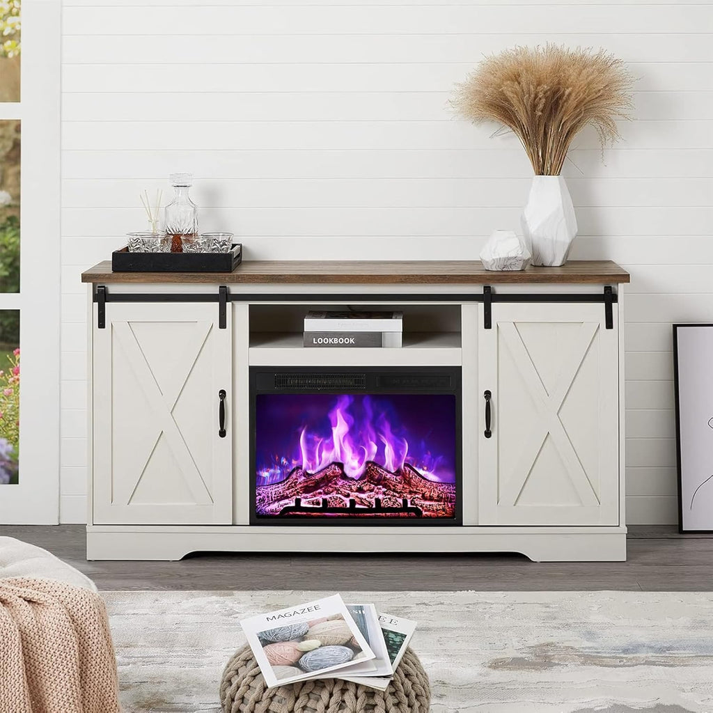 AMERLIFE Fireplace TV Stand with Sliding Barn Door for TVs up to 65", Farmhouse 59" Fireplace Entertainment Center with Storage Cabinets/Adjustable Shelves, Distressed White & Barnwood