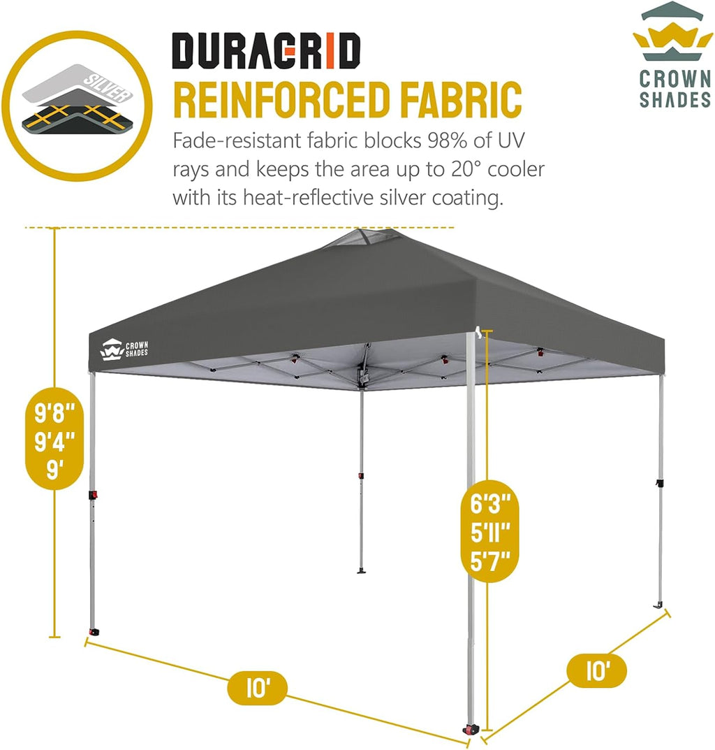 CROWN SHADES 10x10 Pop Up Canopy - Beach Tent with One Push Setup - Easy Outdoor Sun Shade for Events, Parties, Camping - Gazebo with STO-N-Go Cover Bag, Silver Coated Top, Grid White