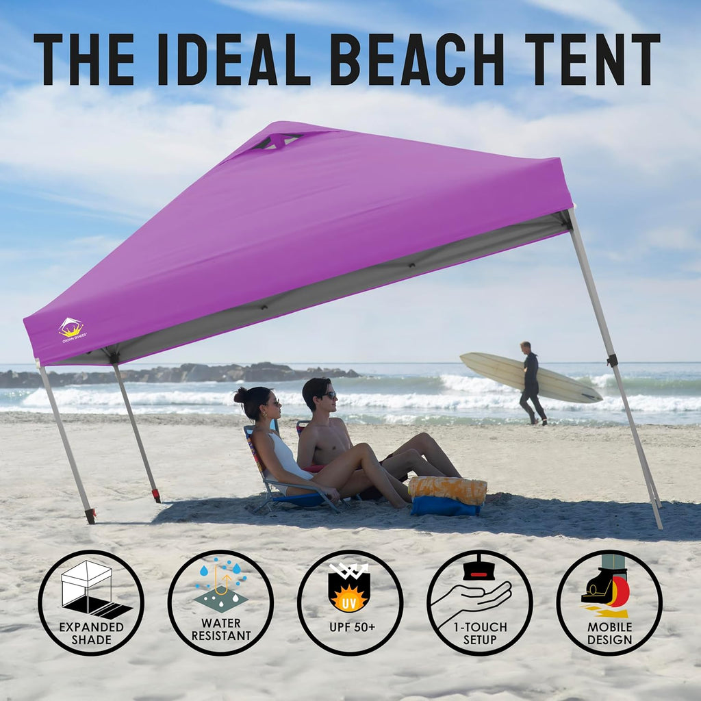 CROWN SHADES 10x10 Pop Up Canopy - Beach Tent with One Push Setup - Easy Outdoor Sun Shade for Events, Parties, Camping - Gazebo with STO-N-Go Cover Bag, Silver Coated Top, Grid White