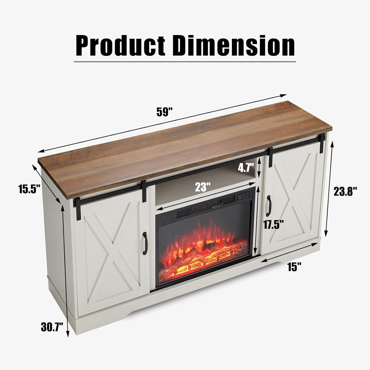 AMERLIFE Fireplace TV Stand with Sliding Barn Door for TVs up to 65", Farmhouse 59" Fireplace Entertainment Center with Storage Cabinets/Adjustable Shelves, Distressed White & Barnwood