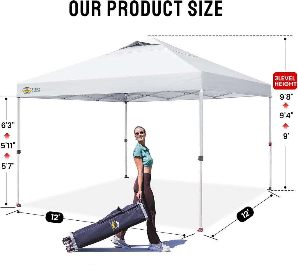 CROWN SHADES 10x10 Pop Up Canopy - Beach Tent with One Push Setup - Easy Outdoor Sun Shade for Events, Parties, Camping - Gazebo with STO-N-Go Cover Bag, Silver Coated Top, Grid White