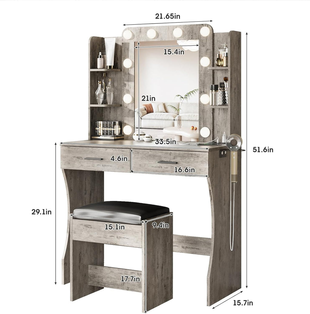 Vanity Desk with Lights,Makeup Vanity with Power Strip,Dressing Table Set with 2 Large Drawers,Vanity Mirror 3 Lighting Color Adjustable,White