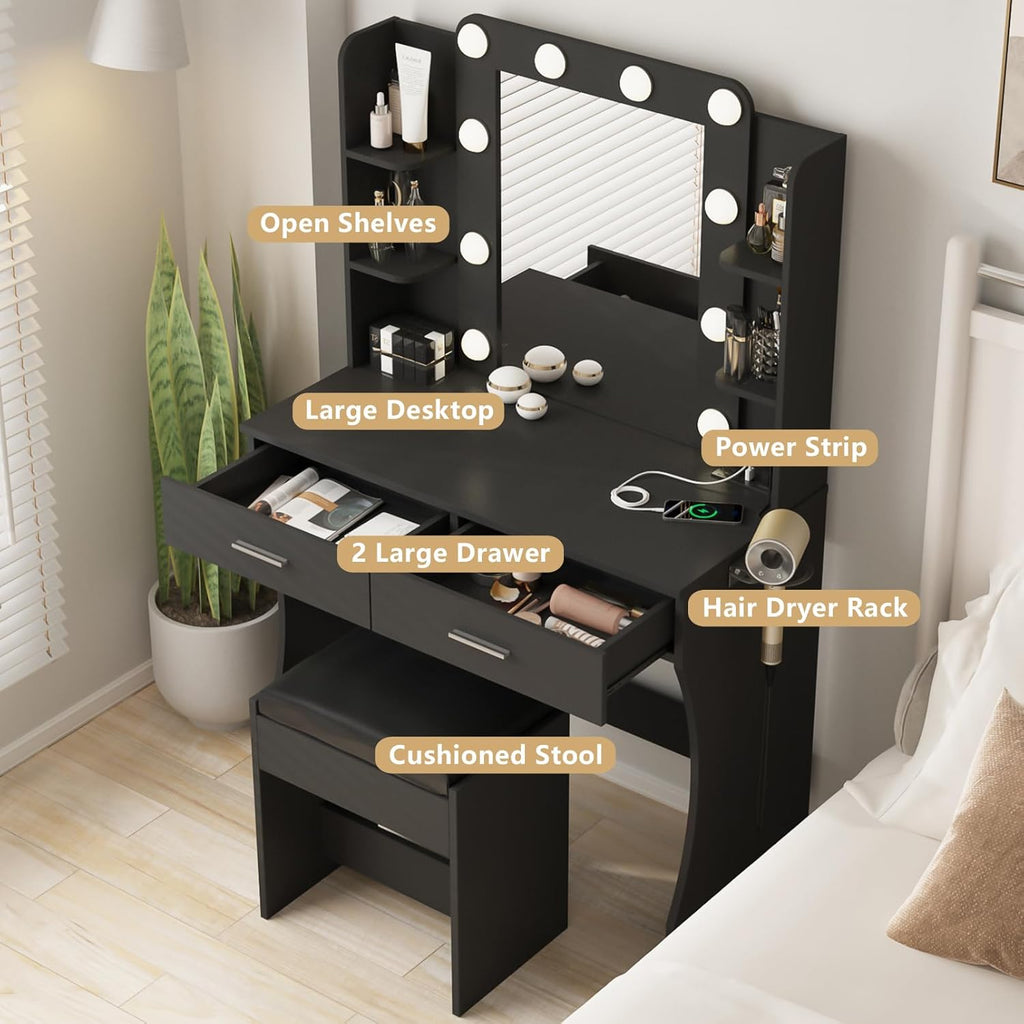 Vanity Desk with Lights,Makeup Vanity with Power Strip,Dressing Table Set with 2 Large Drawers,Vanity Mirror 3 Lighting Color Adjustable,White