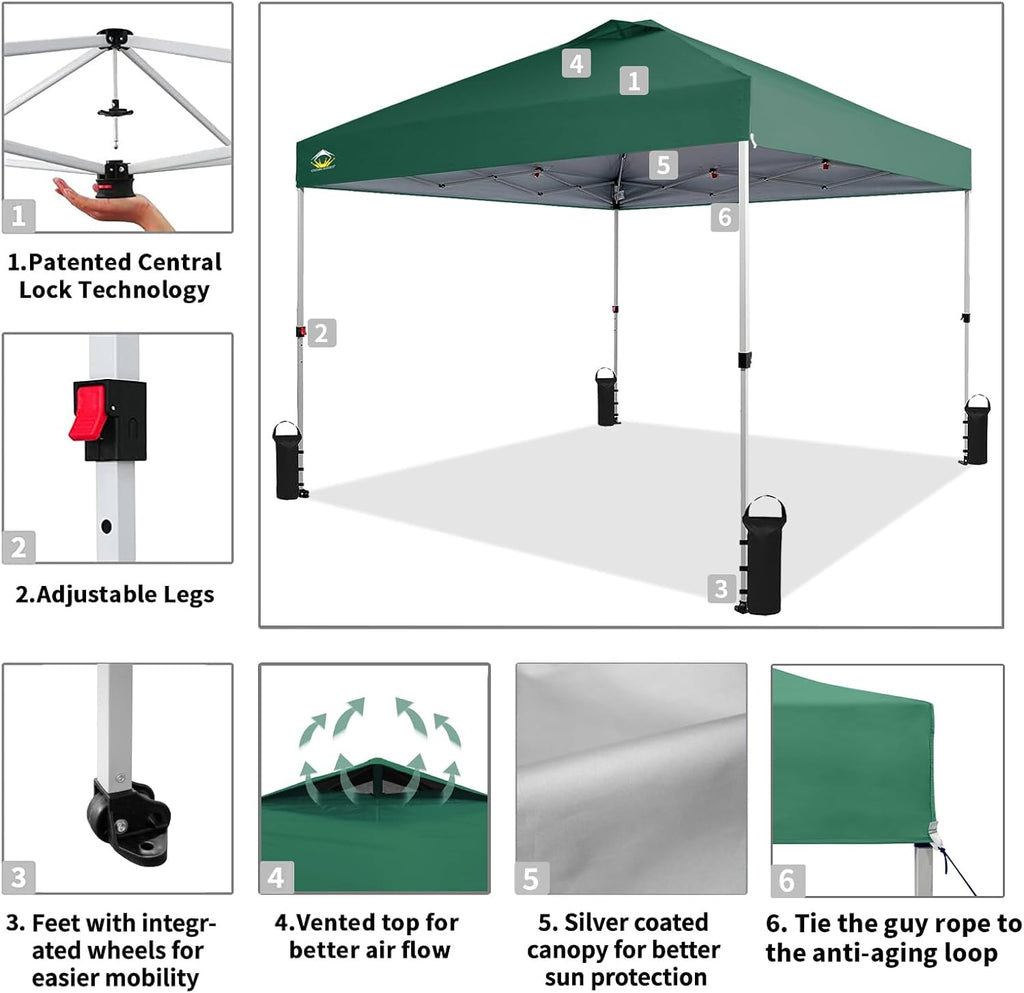 CROWN SHADES 10x10 Pop Up Canopy - Beach Tent with One Push Setup - Easy Outdoor Sun Shade for Events, Parties, Camping - Gazebo with STO-N-Go Cover Bag, Silver Coated Top, Grid White