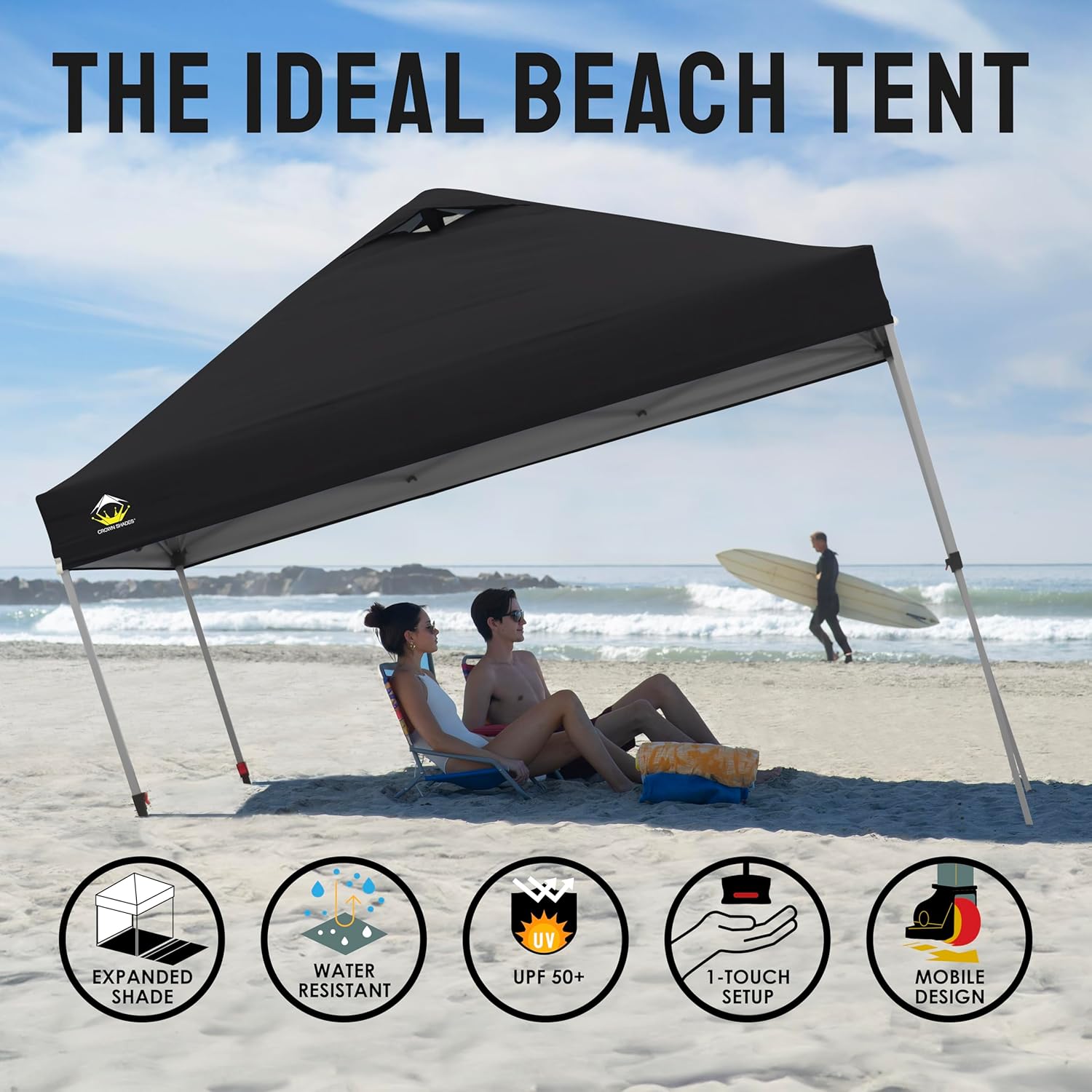 CROWN SHADES 10x10 Pop Up Canopy - Beach Tent with One Push Setup - Easy Outdoor Sun Shade for Events, Parties, Camping - Gazebo with STO-N-Go Cover Bag, Silver Coated Top, Grid White