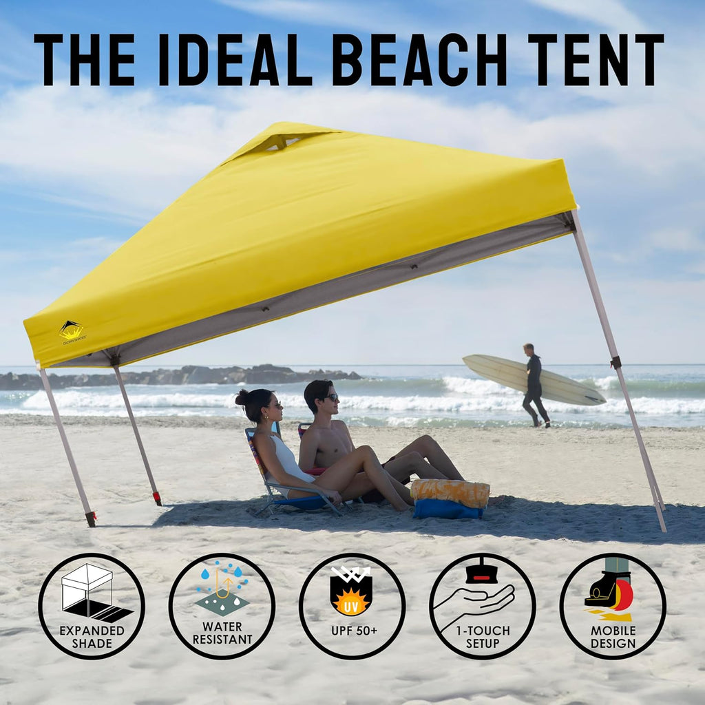 CROWN SHADES 10x10 Pop Up Canopy - Beach Tent with One Push Setup - Easy Outdoor Sun Shade for Events, Parties, Camping - Gazebo with STO-N-Go Cover Bag, Silver Coated Top, Grid White