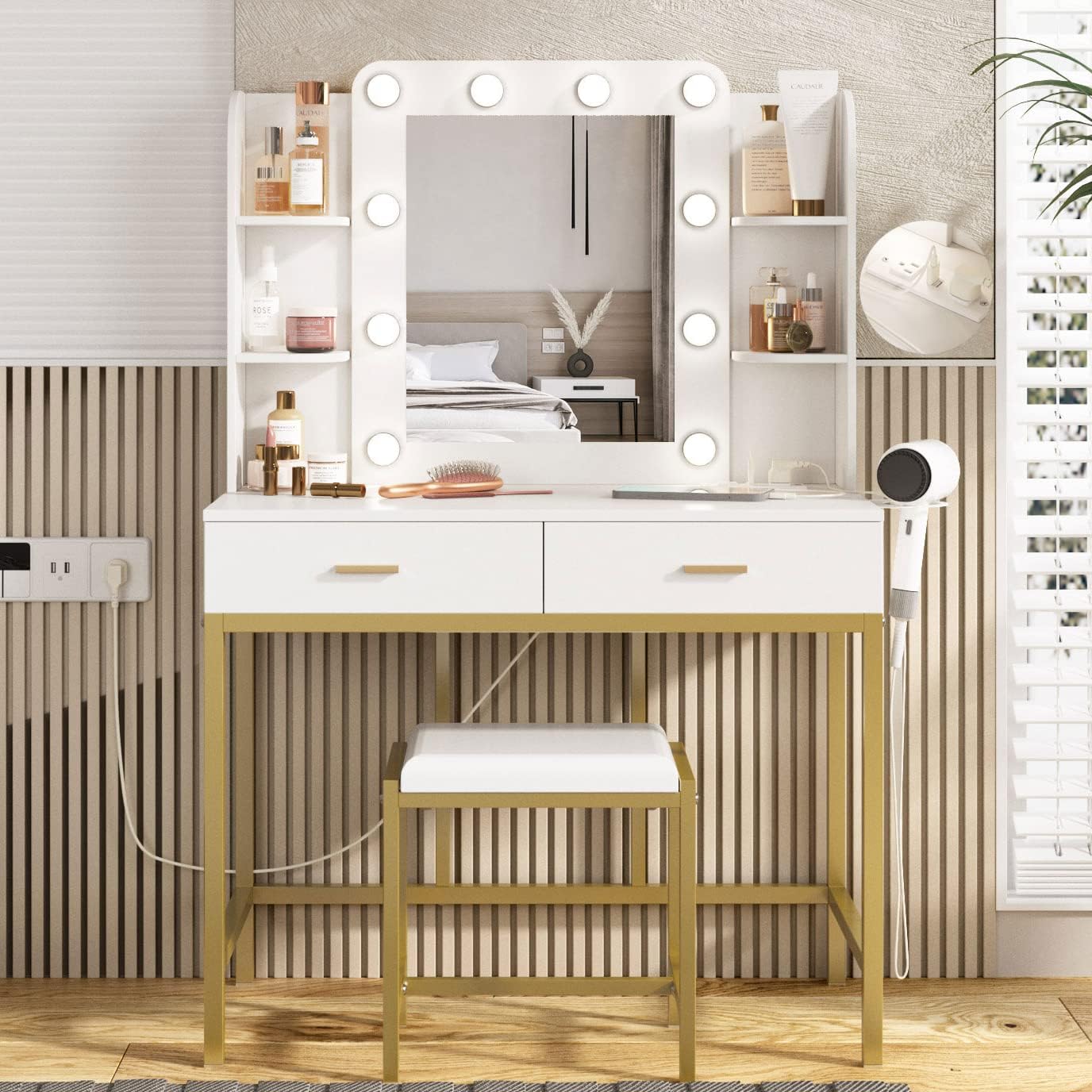 Vanity Desk with Lights,Makeup Vanity with Power Strip,Dressing Table Set with 2 Large Drawers,Vanity Mirror 3 Lighting Color Adjustable,White