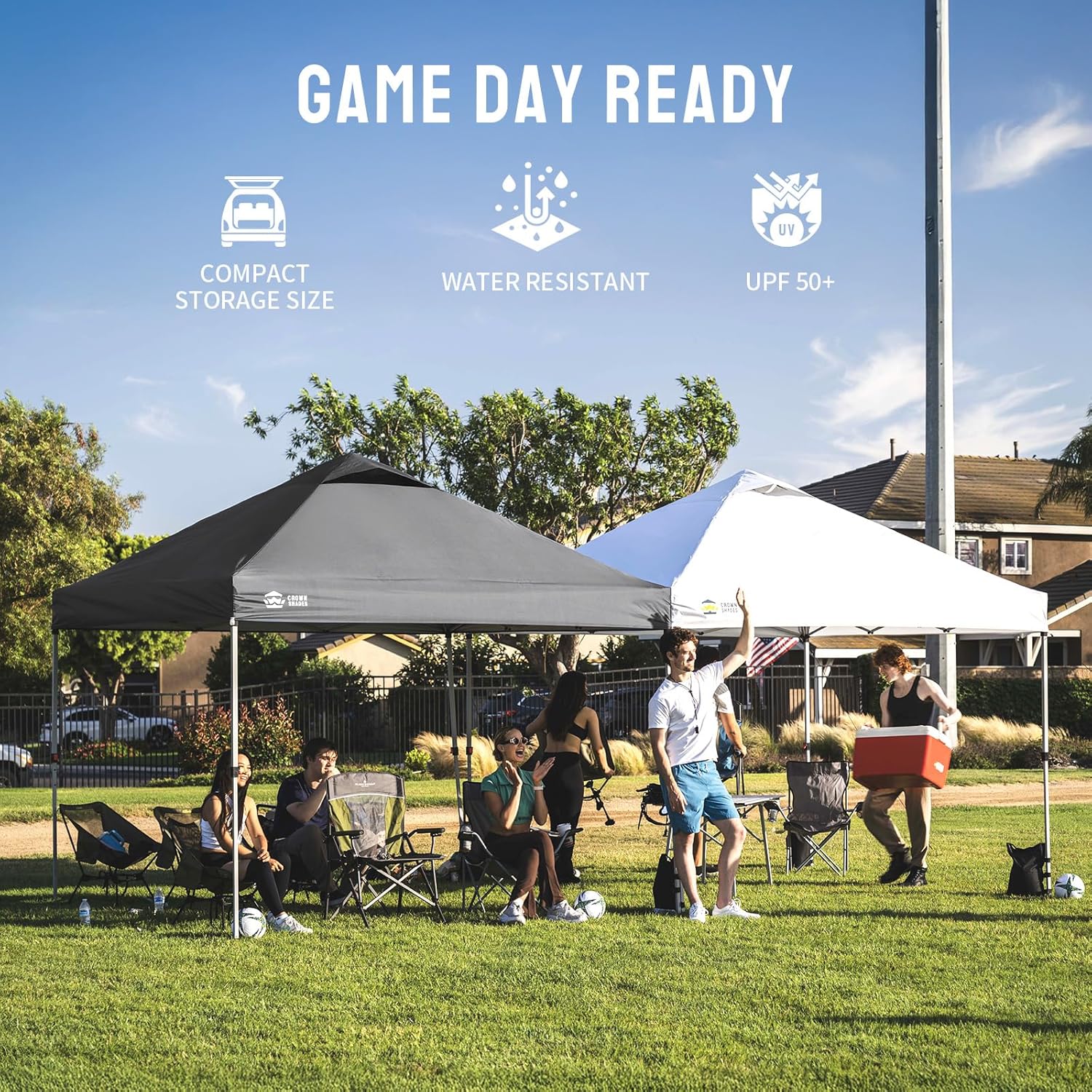 CROWN SHADES 10x10 Pop Up Canopy - Beach Tent with One Push Setup - Easy Outdoor Sun Shade for Events, Parties, Camping - Gazebo with STO-N-Go Cover Bag, Silver Coated Top, Grid White