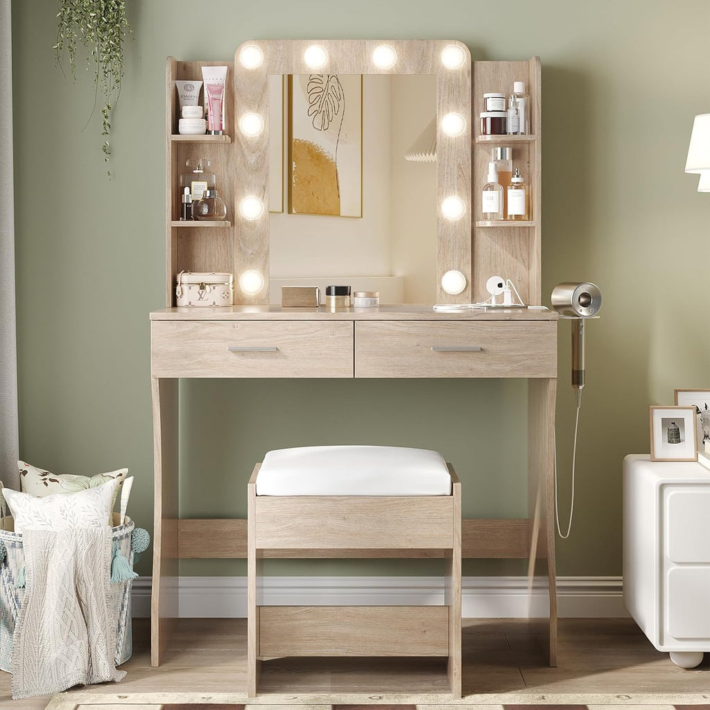Vanity Desk with Lights,Makeup Vanity with Power Strip,Dressing Table Set with 2 Large Drawers,Vanity Mirror 3 Lighting Color Adjustable,White