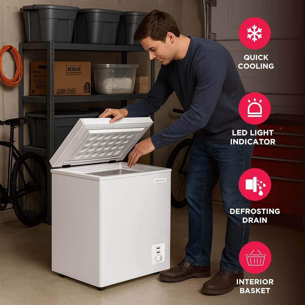 Frigidaire Chest Deep Freezer, 2.0 Cu. Ft. Capacity, Adjustable Thermostat-Removable Vinyl Coated Wire Basket-Easy Defrost Drain- Garage Ready- Pearl White