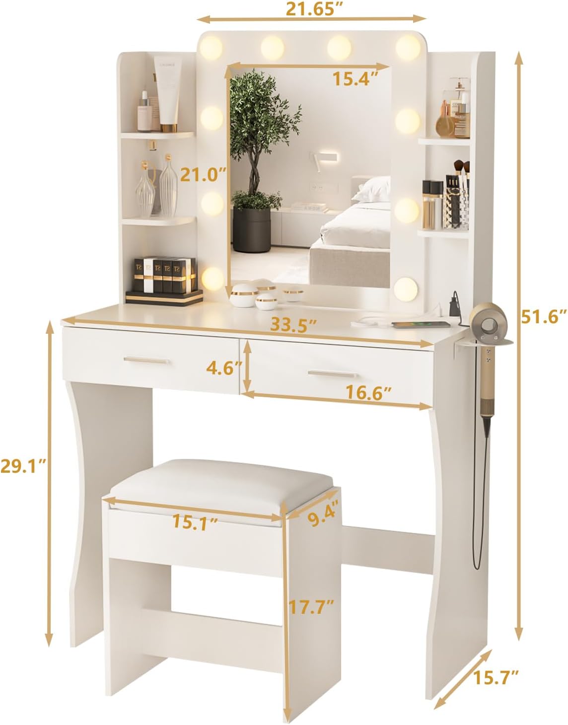 Vanity Desk with Lights,Makeup Vanity with Power Strip,Dressing Table Set with 2 Large Drawers,Vanity Mirror 3 Lighting Color Adjustable,White