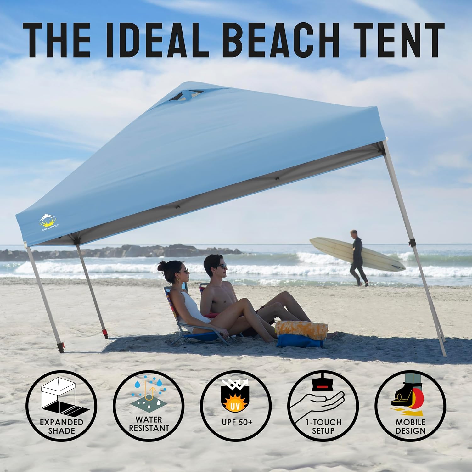 CROWN SHADES 10x10 Pop Up Canopy - Beach Tent with One Push Setup - Easy Outdoor Sun Shade for Events, Parties, Camping - Gazebo with STO-N-Go Cover Bag, Silver Coated Top, Grid White