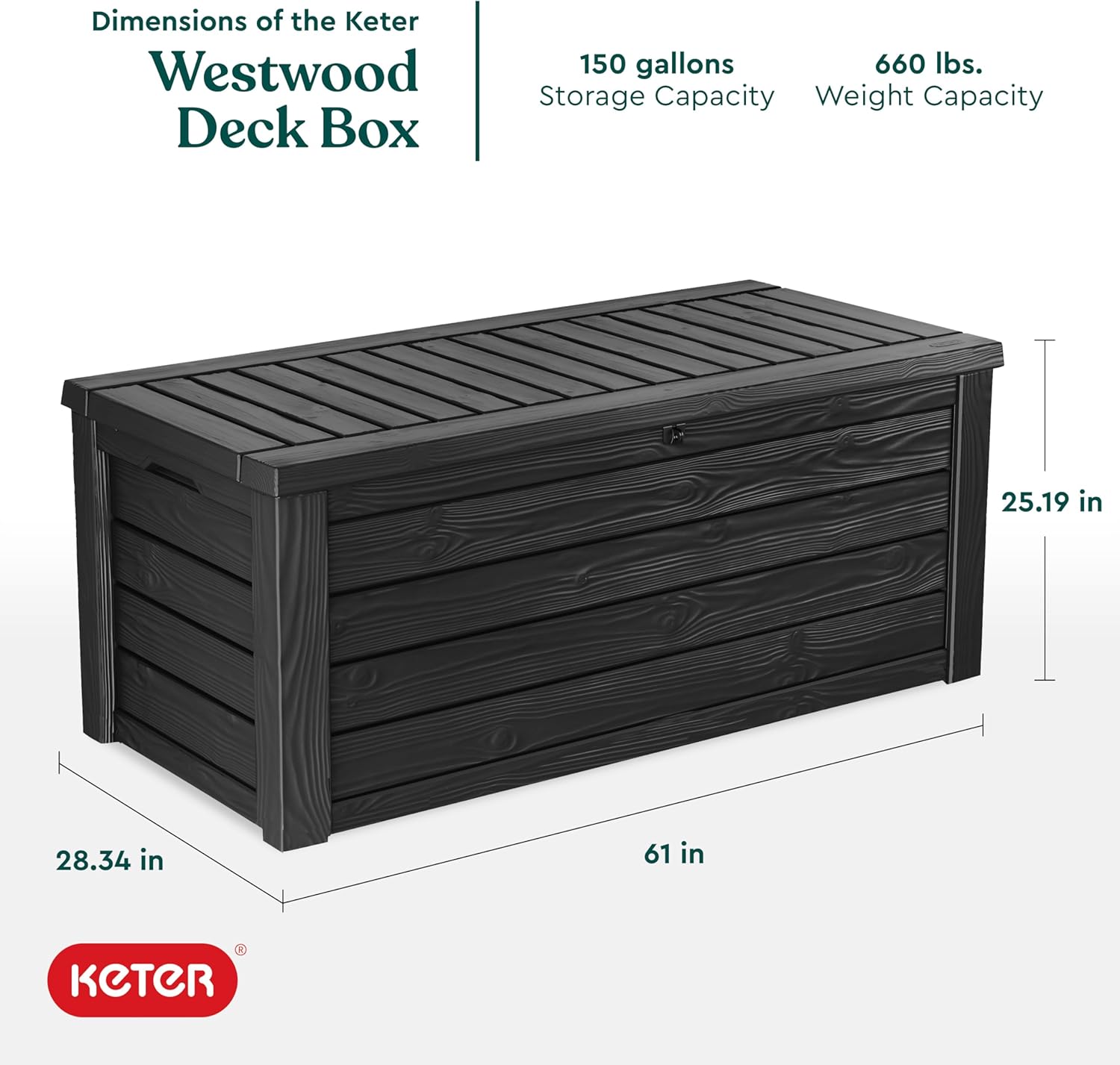 Keter Outdoor Storage Deck Box, 150 Gallon Resin Patio Bin & Bench, Wood Grain, Brown
