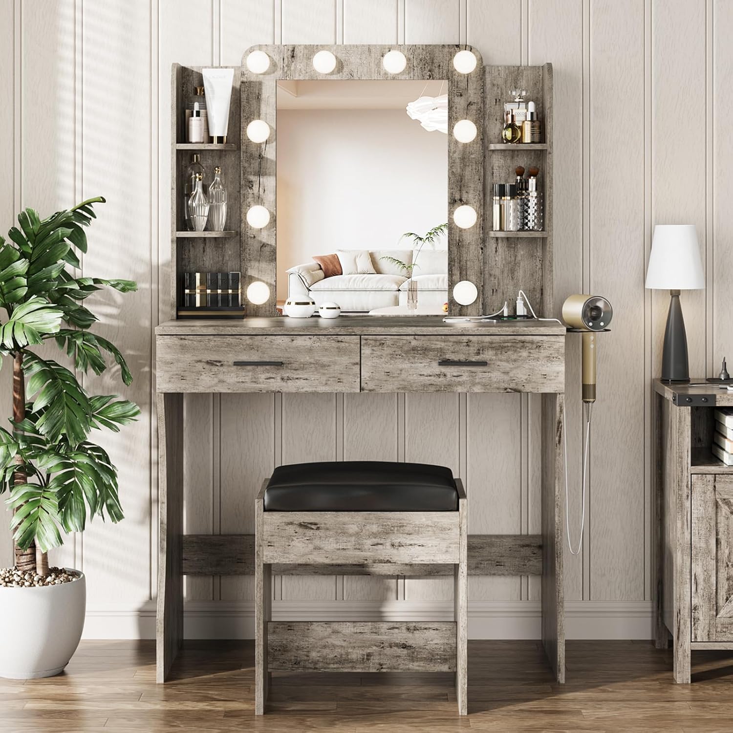 Vanity Desk with Lights,Makeup Vanity with Power Strip,Dressing Table Set with 2 Large Drawers,Vanity Mirror 3 Lighting Color Adjustable,White