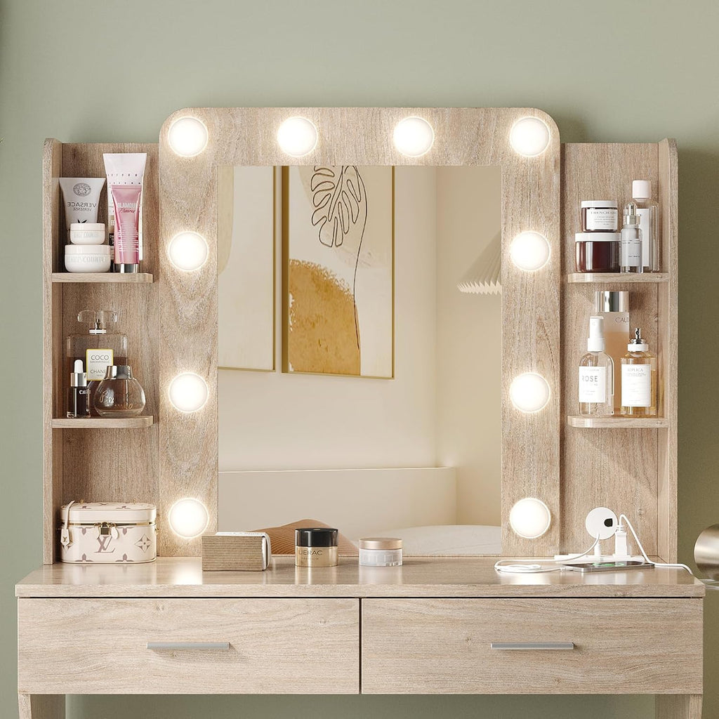 Vanity Desk with Lights,Makeup Vanity with Power Strip,Dressing Table Set with 2 Large Drawers,Vanity Mirror 3 Lighting Color Adjustable,White