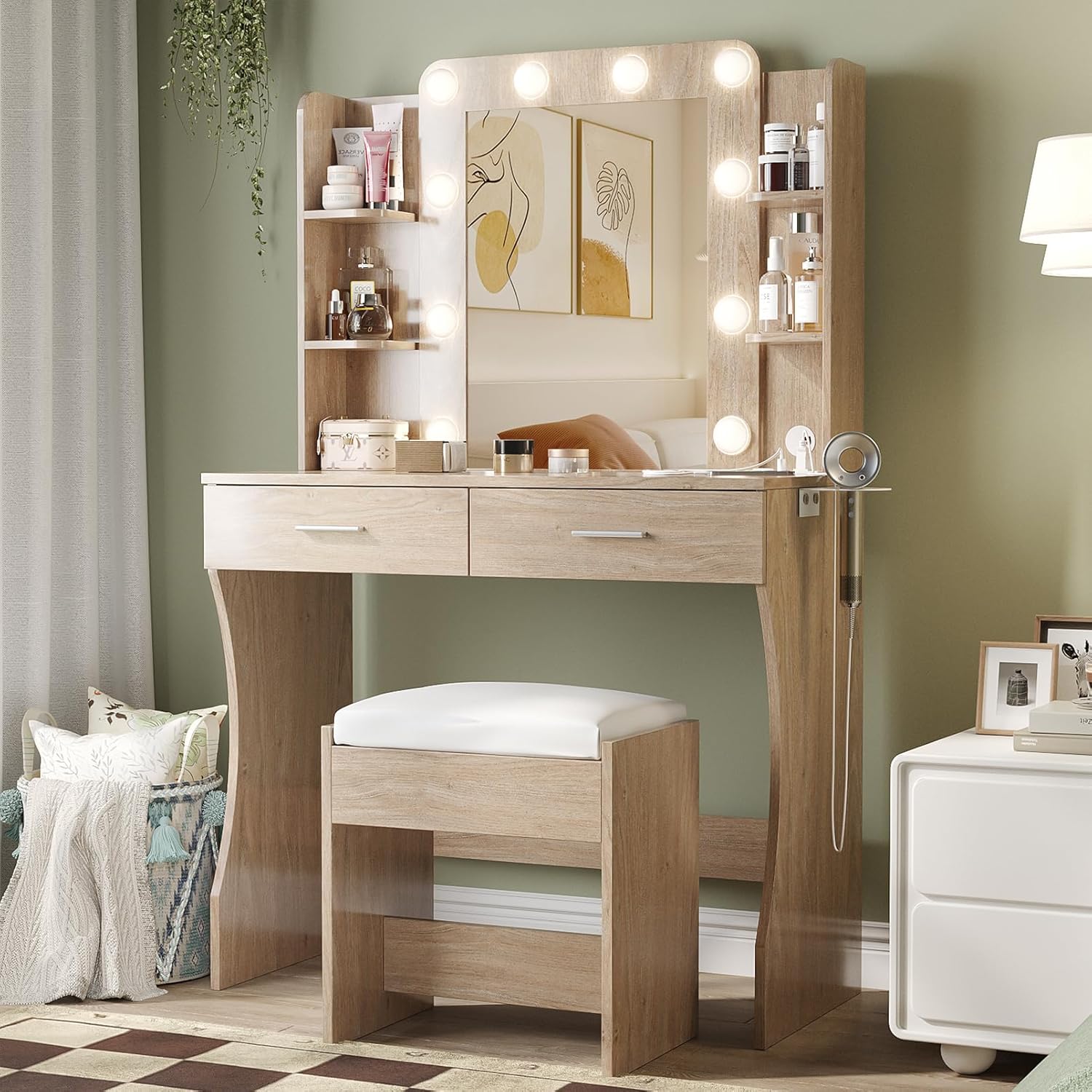 Vanity Desk with Lights,Makeup Vanity with Power Strip,Dressing Table Set with 2 Large Drawers,Vanity Mirror 3 Lighting Color Adjustable,White