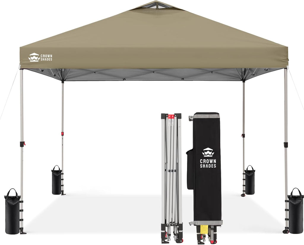 CROWN SHADES 10x10 Pop Up Canopy - Beach Tent with One Push Setup - Easy Outdoor Sun Shade for Events, Parties, Camping - Gazebo with STO-N-Go Cover Bag, Silver Coated Top, Grid White