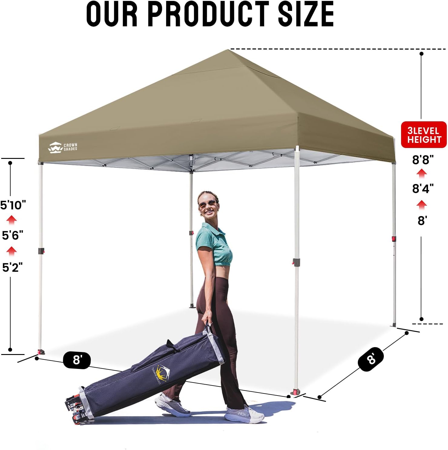 CROWN SHADES 10x10 Pop Up Canopy - Beach Tent with One Push Setup - Easy Outdoor Sun Shade for Events, Parties, Camping - Gazebo with STO-N-Go Cover Bag, Silver Coated Top, Grid White